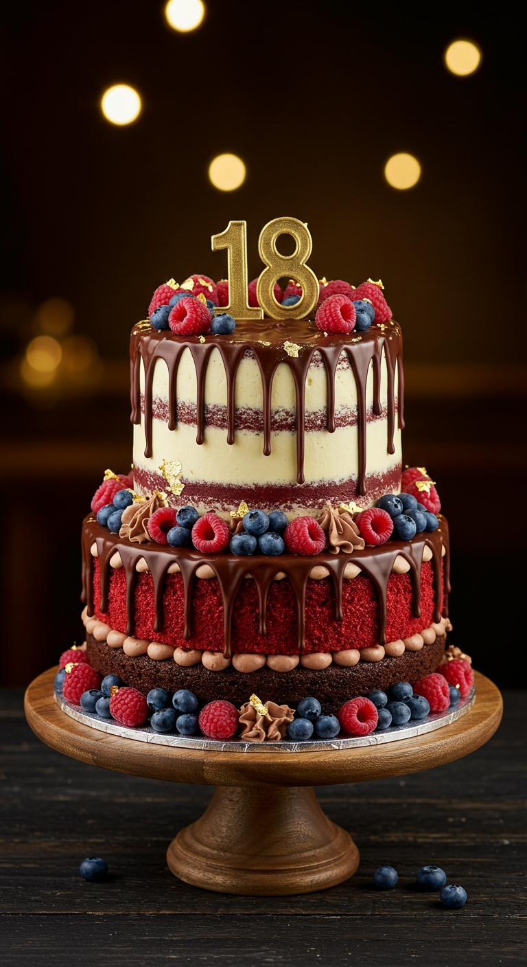 Decadent Red Velvet and Berry Drip 18th Birthday Cake Decadent Red Velvet and Berry Drip 18th Birthday Cake