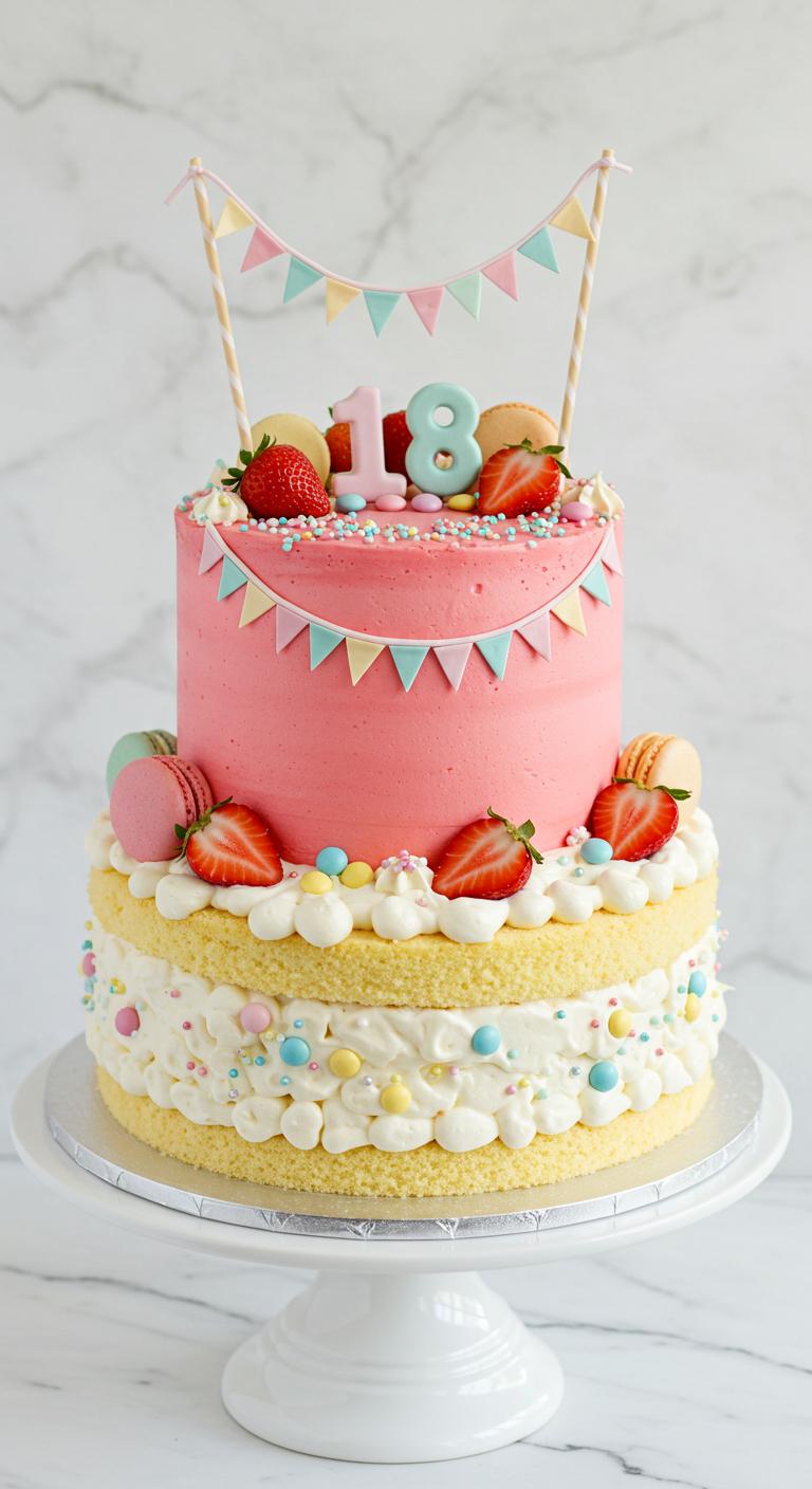 Pastel Dreams Strawberry and Macaron 18th Birthday Cake Pastel Dreams Strawberry and Macaron 18th Birthday Cake