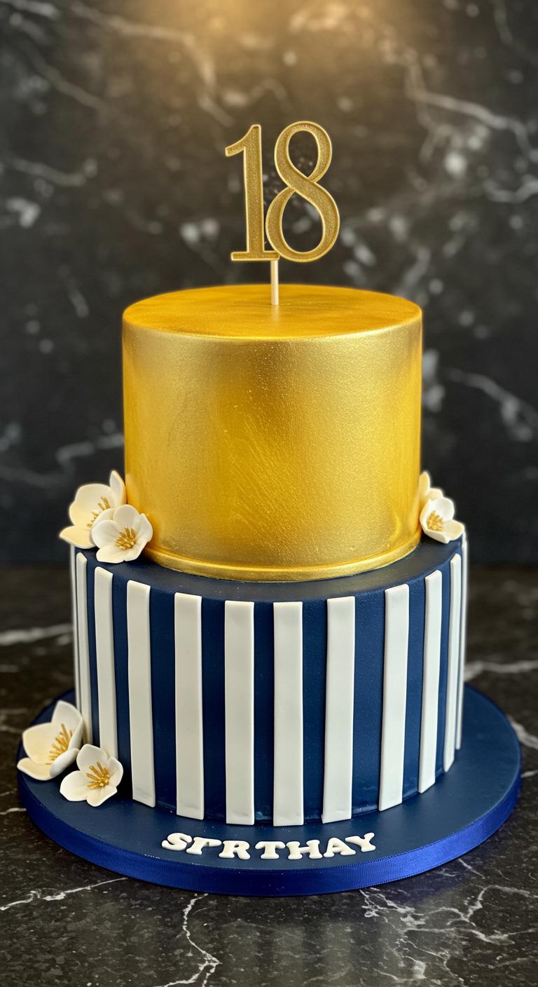 Striking Gold and Navy Striped 18th Birthday Cake Striking Gold and Navy Striped 18th Birthday Cake