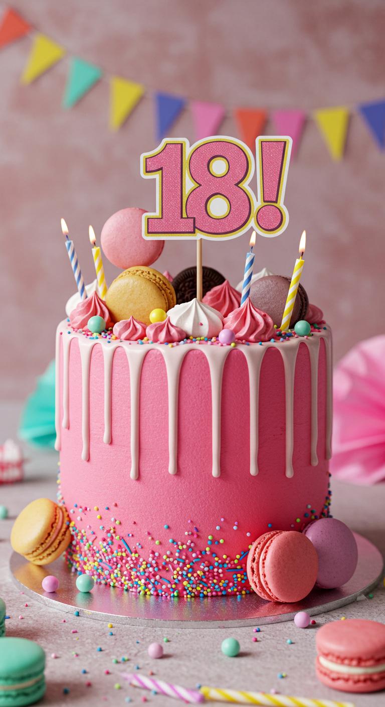 Fun Pink Drip and Sprinkles 18th Birthday Cake Fun Pink Drip and Sprinkles 18th Birthday Cake