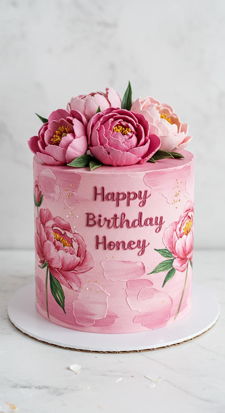 Hand-Painted Peony Birthday Cake Hand-Painted Peony Birthday Cake