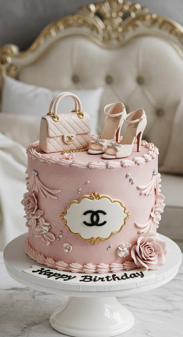 Elegant Pink Chanel-Inspired Birthday Cake Elegant Pink Chanel-Inspired Birthday Cake