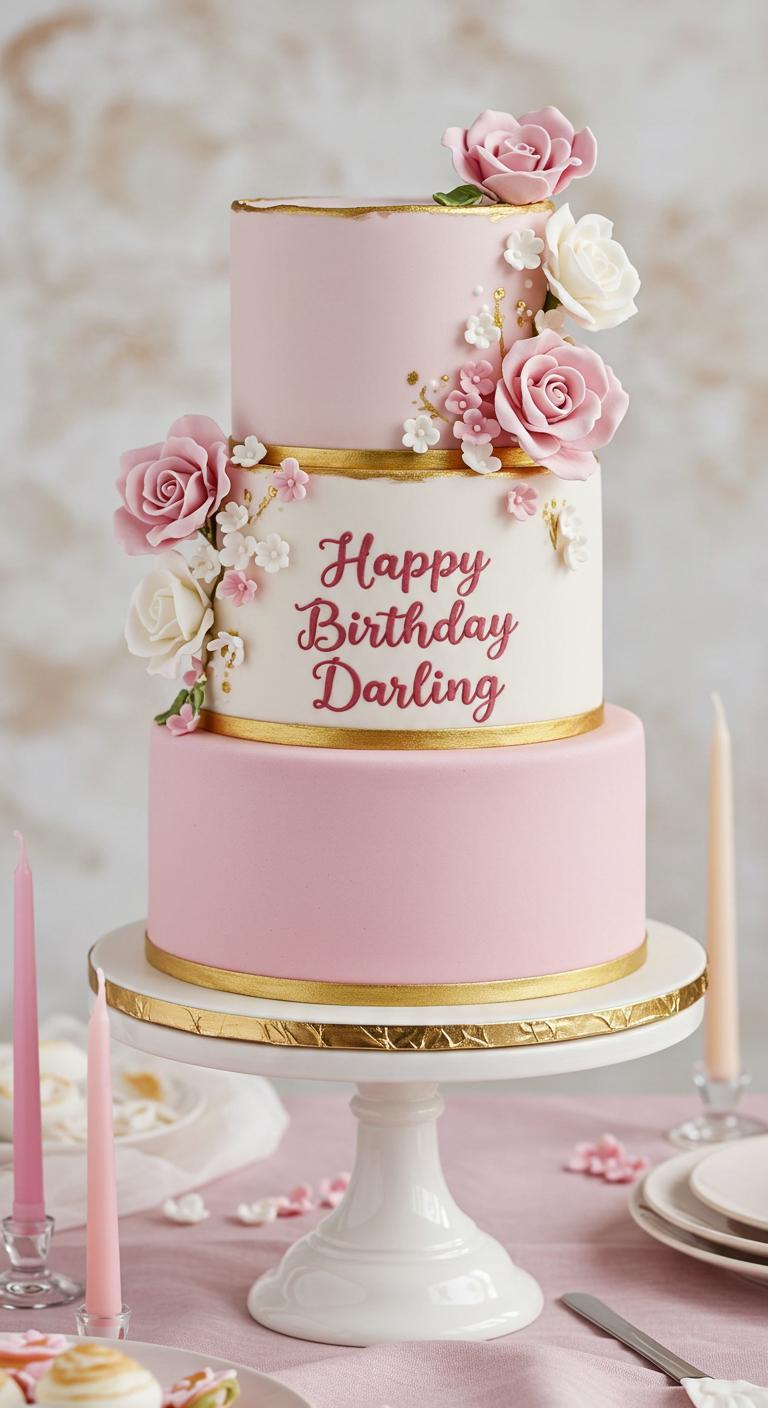 Grand Three-Tier Pink & Gold Birthday Cake Grand Three-Tier Pink & Gold Birthday Cake