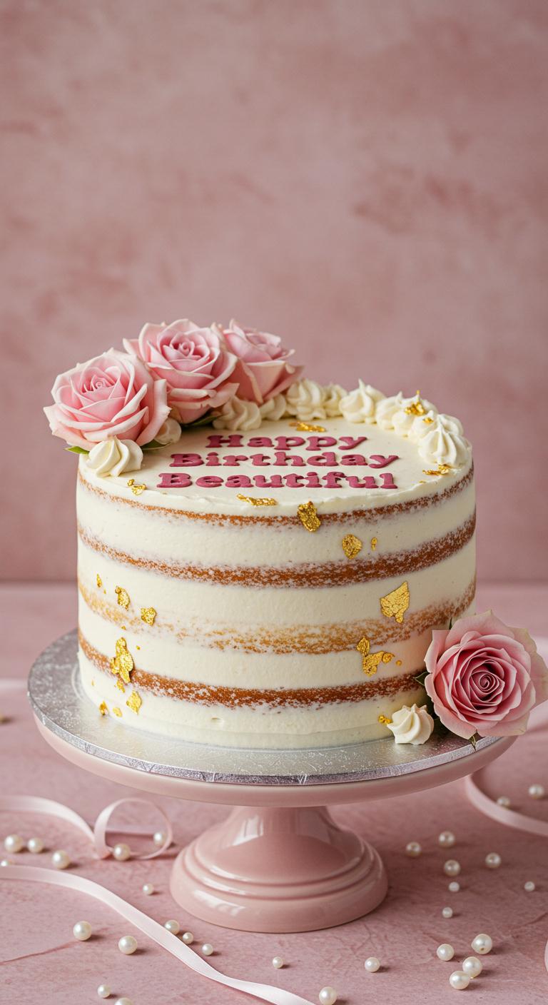 Gold Flake Naked Pink Rose Birthday Cake Gold Flake Naked Pink Rose Birthday Cake
