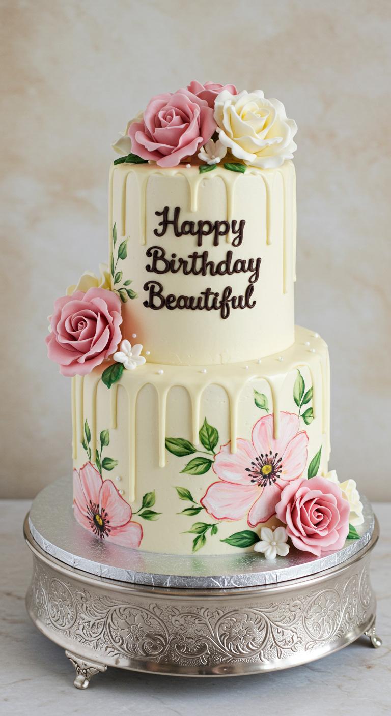 Hand-Painted Floral Drip Birthday Cake Hand-Painted Floral Drip Birthday Cake
