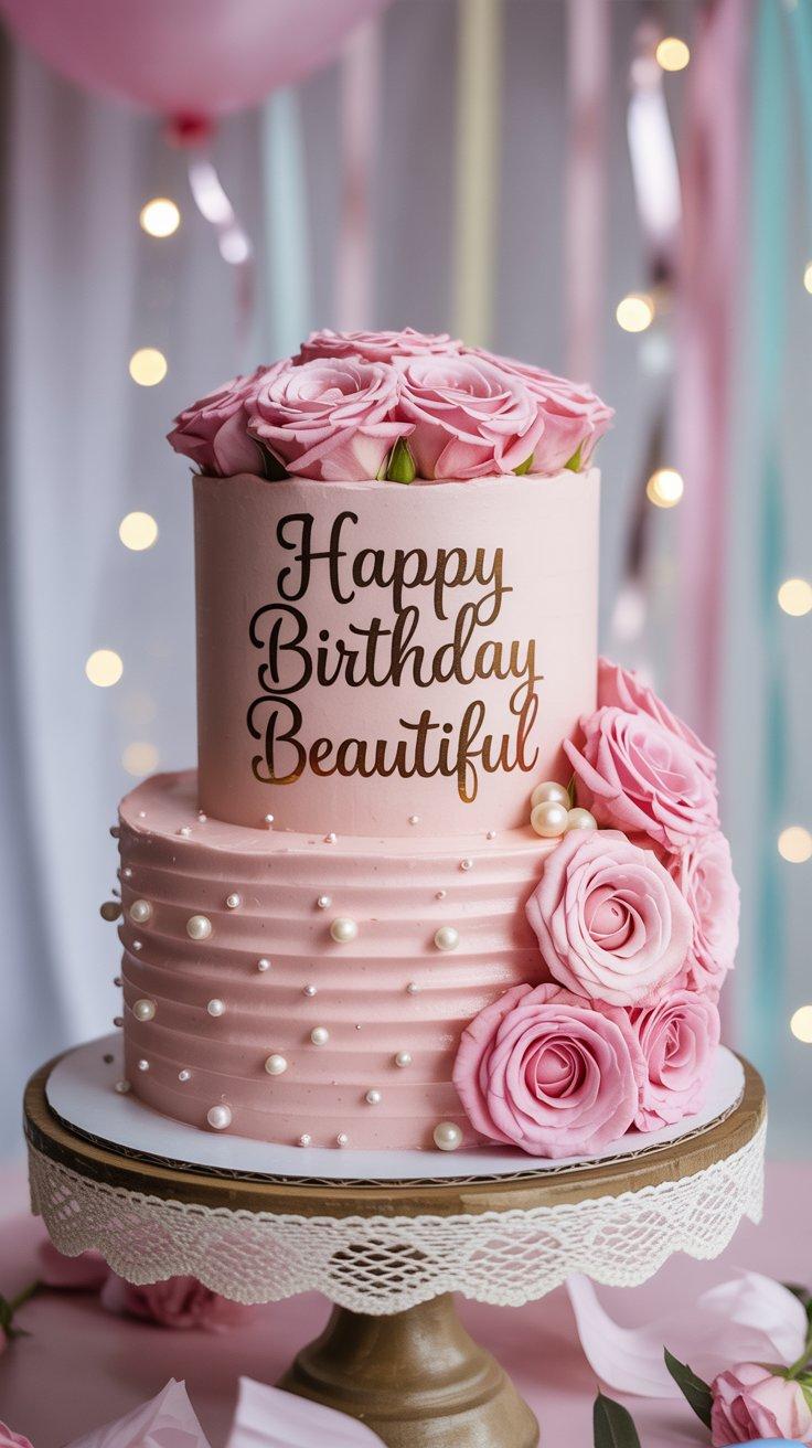Two-Tier Pink Rose & Pearl Birthday Cake Two-Tier Pink Rose & Pearl Birthday Cake