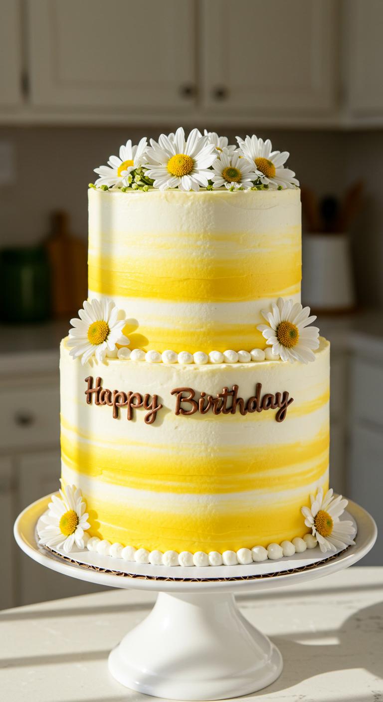 Two-Tier Daisy Striped Birthday Cake Two-Tier Daisy Striped Birthday Cake