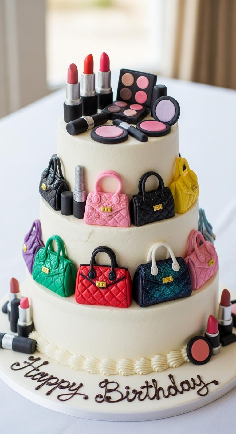 Glamorous Multi-Tier Makeup and Handbag Birthday Cake Glamorous Multi-Tier Makeup and Handbag Birthday Cake