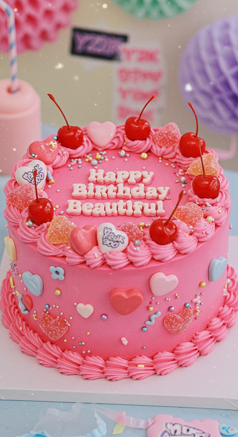 Sweet Pink Heart & Cherry Birthday Cake Sweet Pink Heart & Cherry Birthday Cake
