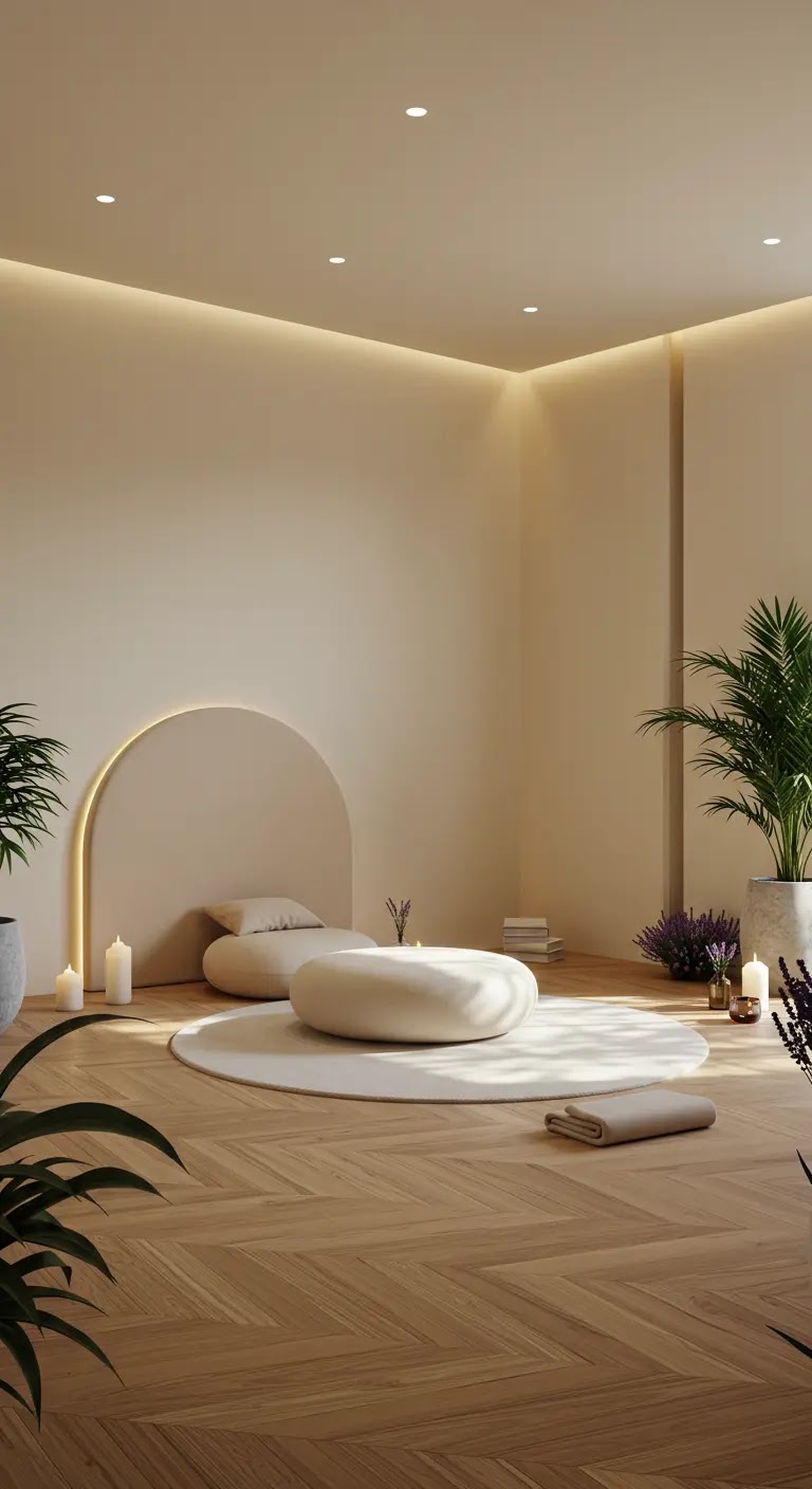 Softly Lit Archway Meditation Room with Round Rug Softly Lit Archway Meditation Room with Round Rug