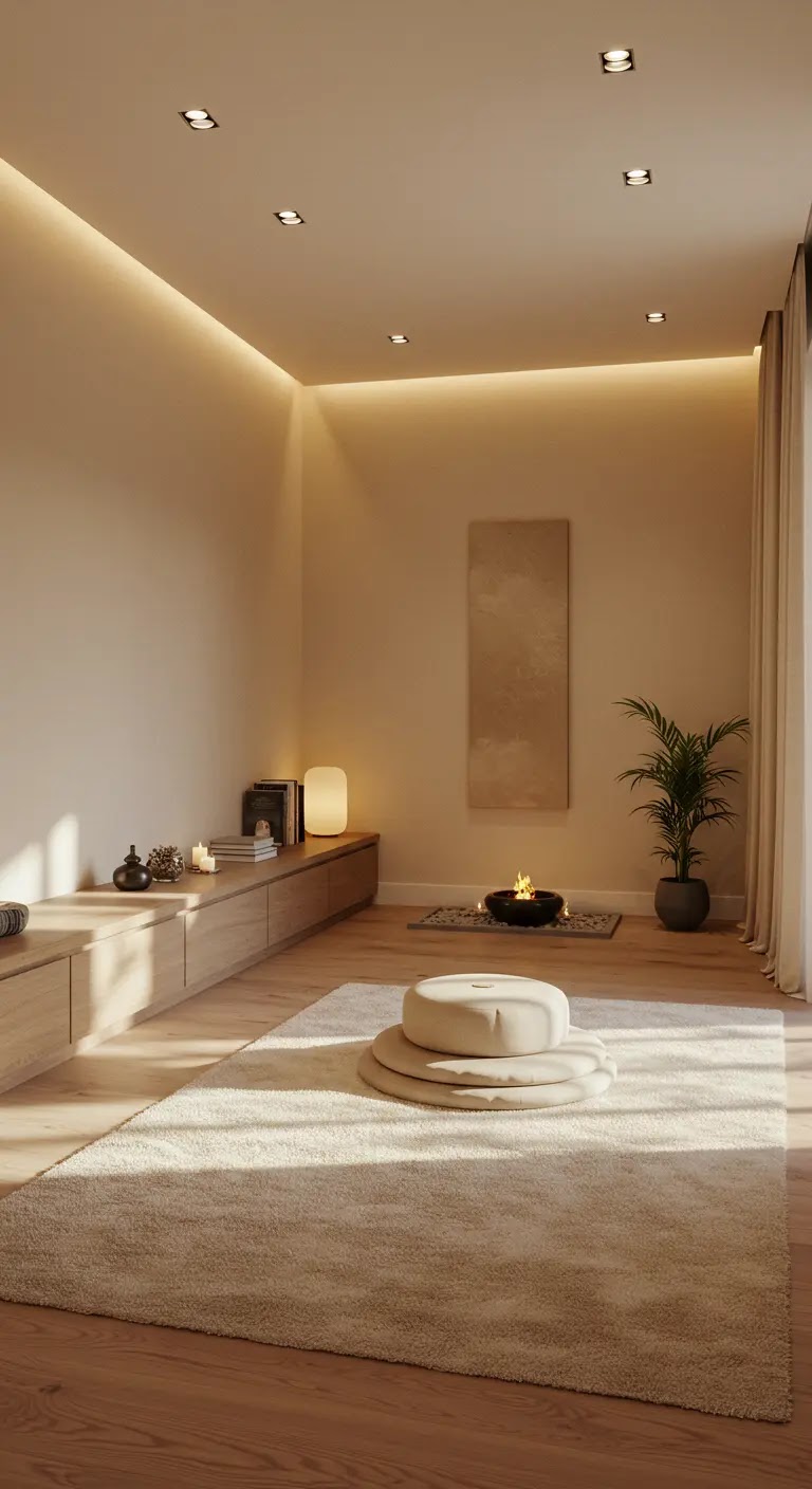 Warm Neutral Meditation Room with Soft Lighting Warm Neutral Meditation Room with Soft Lighting