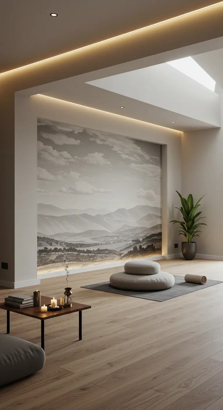 Skylit Meditation Room with Scenic Mountain Mural Skylit Meditation Room with Scenic Mountain Mural