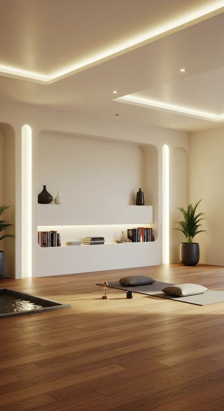 Tranquil Meditation Room with Integrated Water Feature and Curved Shelving Tranquil Meditation Room with Integrated Water Feature and Curved Shelving