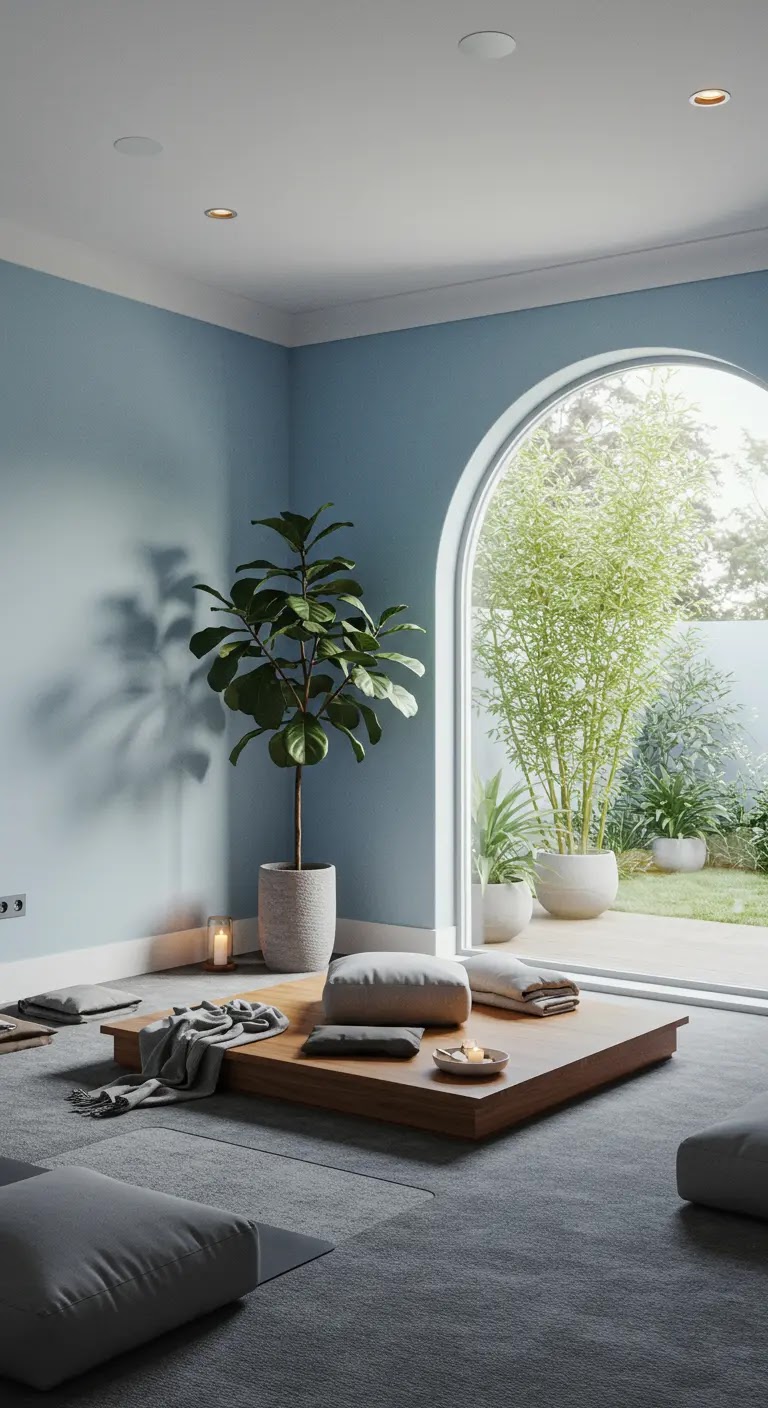 Tranquil Blue Meditation Room with Garden Views Tranquil Blue Meditation Room with Garden Views