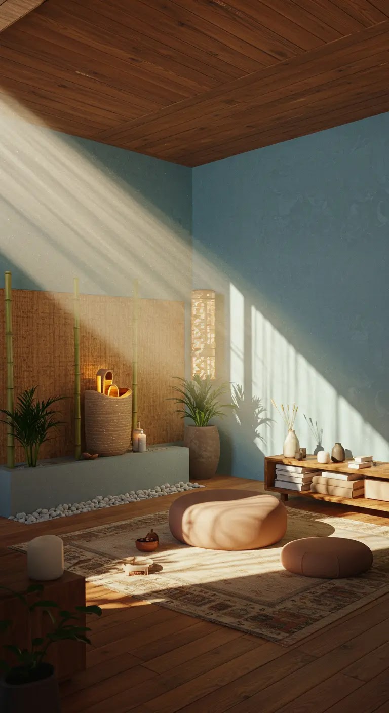 Bamboo & Bohemian Fusion Meditation Corner with Warm Wood Accents Bamboo & Bohemian Fusion Meditation Corner with Warm Wood Accents