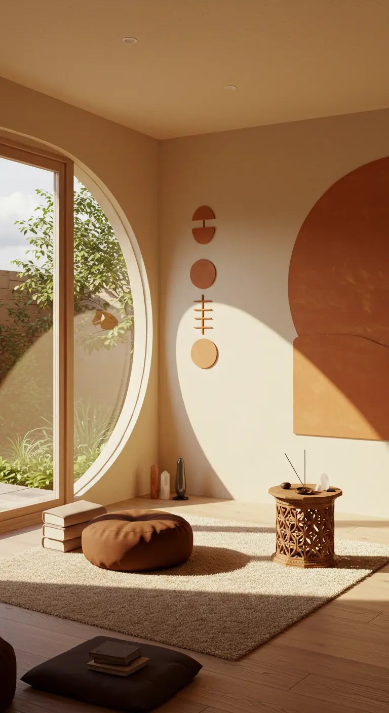 Terracotta-Inspired Meditation Nook with Circular Window Terracotta-Inspired Meditation Nook with Circular Window