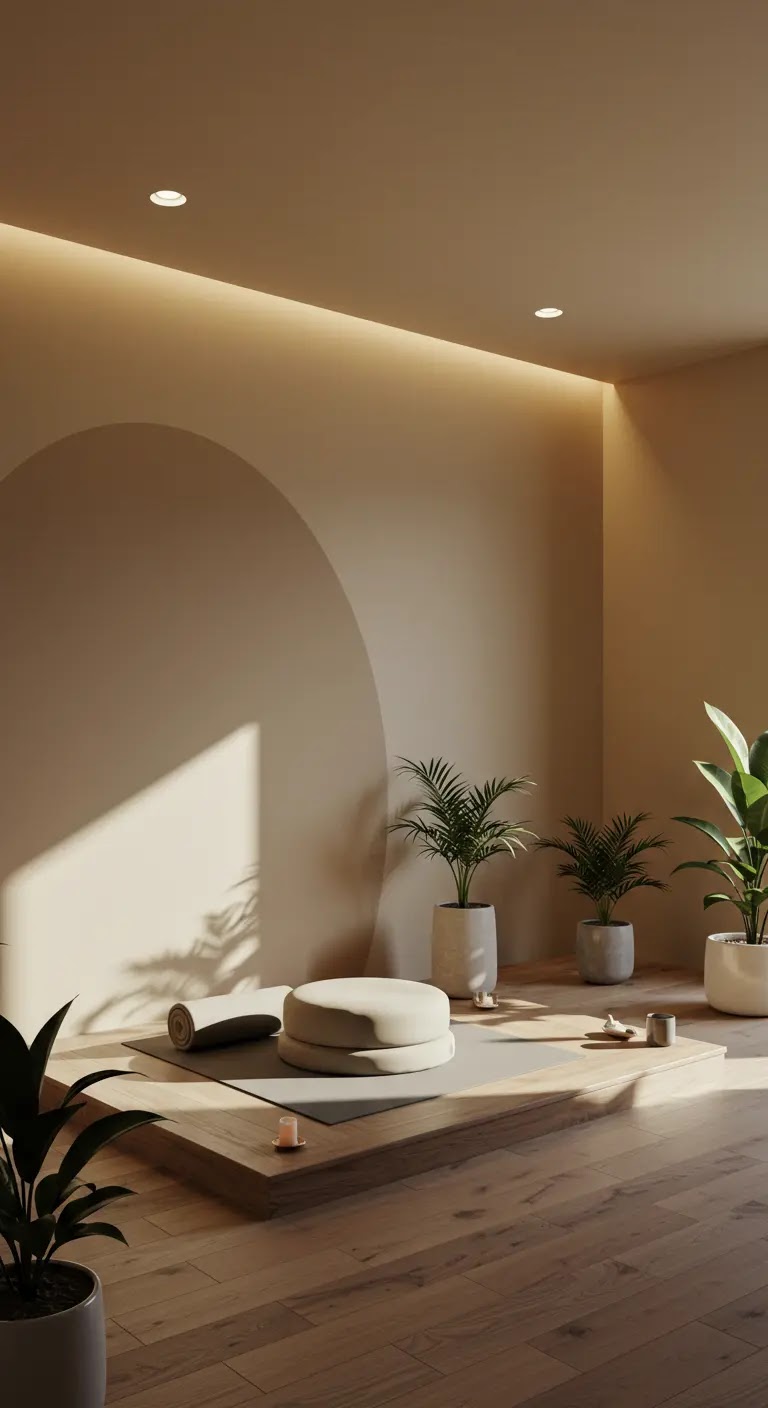 Earthy Zen Meditation Room with Soft Lighting Earthy Zen Meditation Room with Soft Lighting