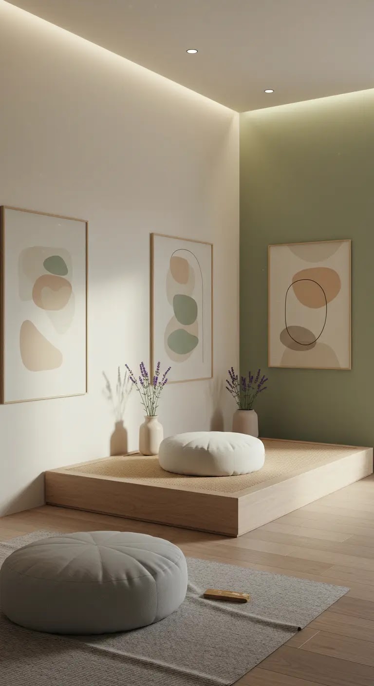 Serene Pastel Meditation Nook with Abstract Wall Art Serene Pastel Meditation Nook with Abstract Wall Art