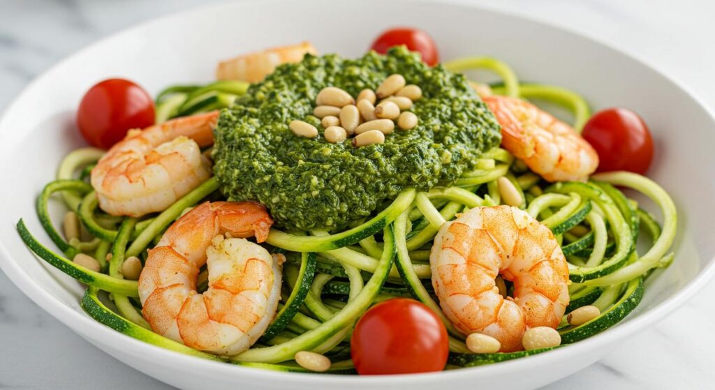Zucchini Noodles with Pesto and Shrimp Bowls Recipe