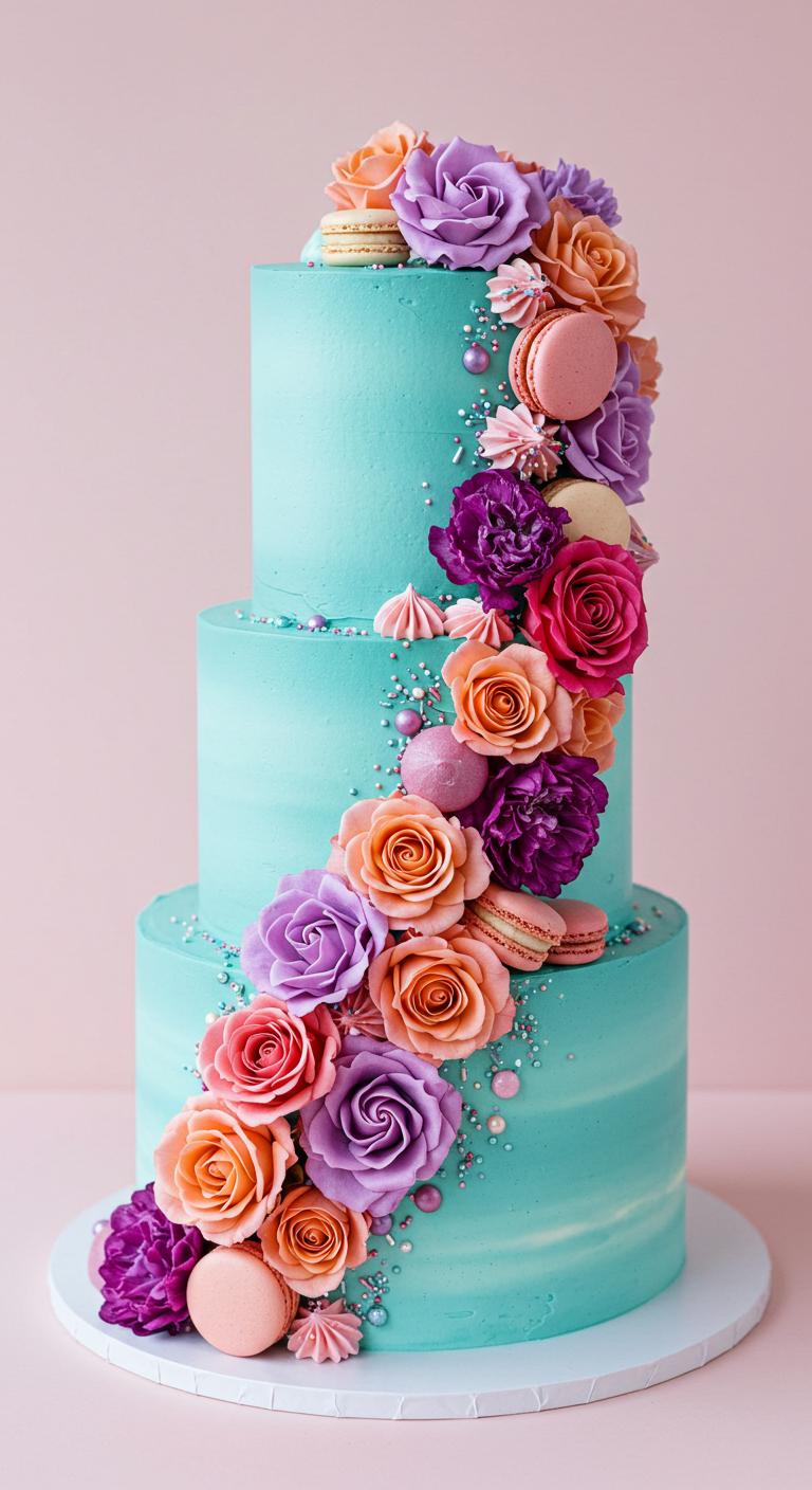 Aqua Floral Macaron Cascade Cake Aqua Floral Macaron Cascade Cake