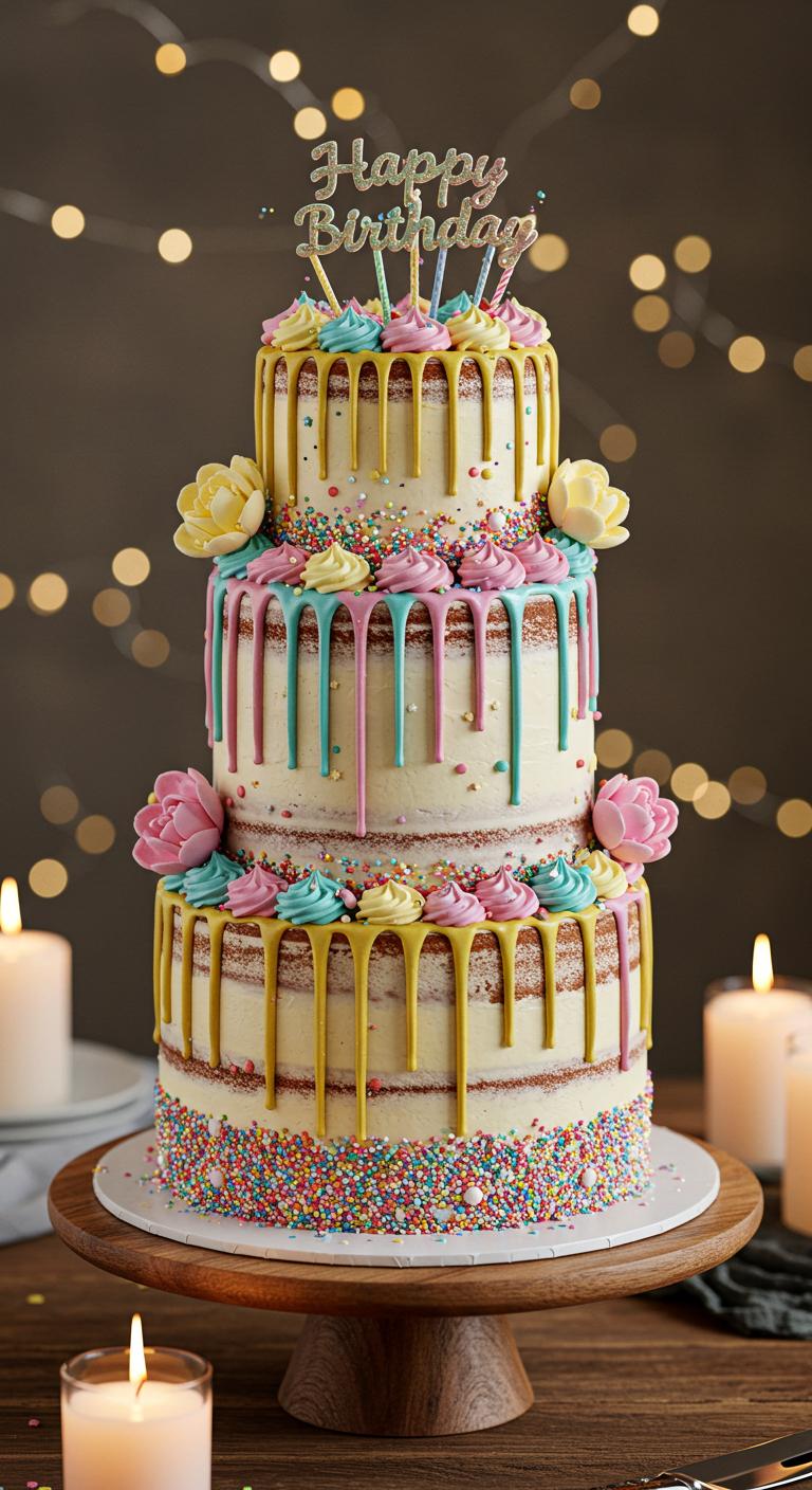 Whimsical Three-Tier Happy Birthday Cake Whimsical Three-Tier Happy Birthday Cake