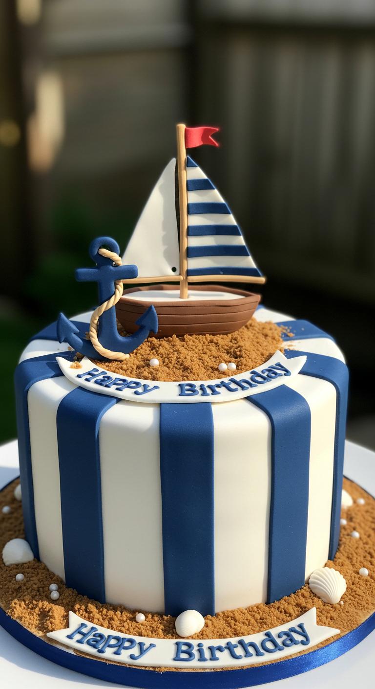 Beachy Blue Striped Sailboat Cake Beachy Blue Striped Sailboat Cake