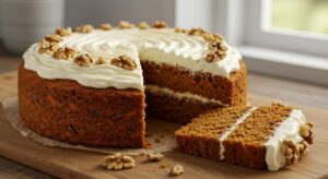 A close-up of a freshly baked carrot cake on a rustic wooden table, topped with creamy swirls of cream cheese frosting and sprinkled with chopped walnuts. The cake is sliced to show its moist, spiced interior with visible carrot flecks. Soft natural light filters through a nearby window, casting a warm glow. A few fresh carrots and a cinnamon stick are arranged in the background for a cozy, homey feel.