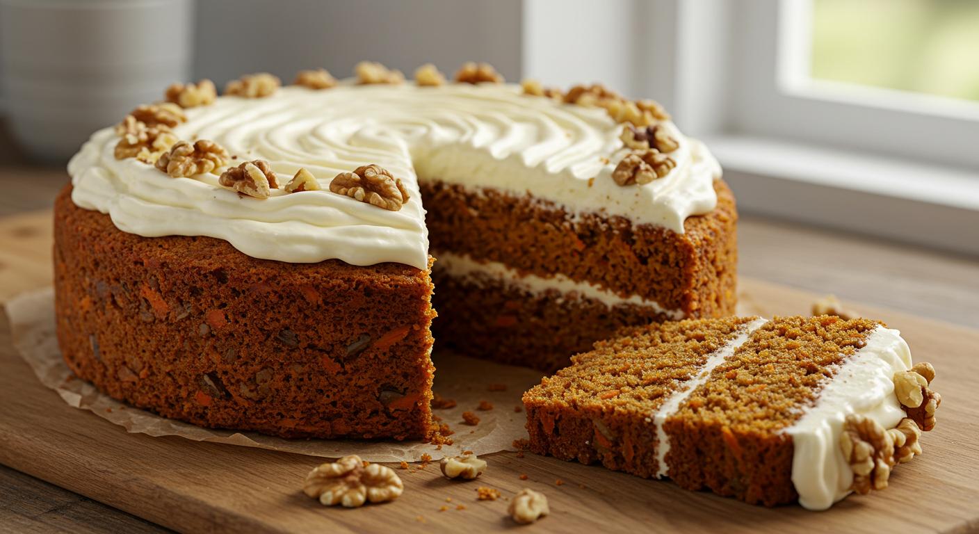 A close-up of a freshly baked carrot cake on a rustic wooden table, topped with creamy swirls of cream cheese frosting and sprinkled with chopped walnuts. The cake is sliced to show its moist, spiced interior with visible carrot flecks. Soft natural light filters through a nearby window, casting a warm glow. A few fresh carrots and a cinnamon stick are arranged in the background for a cozy, homey feel.