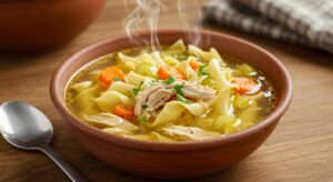 A steaming bowl of chicken noodle soup with tender shredded chicken, egg noodles, sliced carrots, and celery in a golden broth, garnished with fresh parsley. The bowl is rustic ceramic, placed on a wooden table with a cozy kitchen background, soft natural light, and a warm, inviting atmosphere.