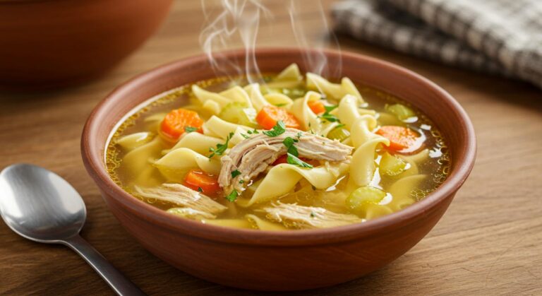 A steaming bowl of chicken noodle soup with tender shredded chicken, egg noodles, sliced carrots, and celery in a golden broth, garnished with fresh parsley. The bowl is rustic ceramic, placed on a wooden table with a cozy kitchen background, soft natural light, and a warm, inviting atmosphere.