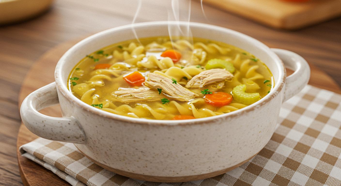 A steaming bowl of chicken noodle soup in a rustic white ceramic bowl, filled with golden broth, shredded chicken, egg noodles, sliced carrots, and celery, garnished with fresh parsley. The bowl is placed on a wooden table with a cozy, warm kitchen background, soft natural light filtering through a window, and a checkered cloth napkin beside it.
