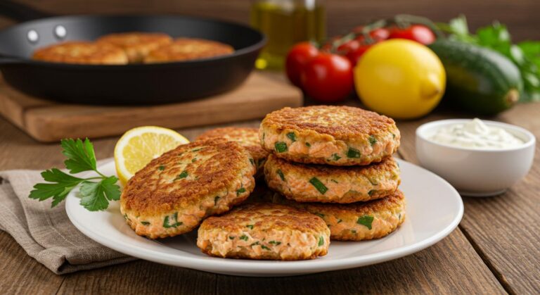 A close-up of golden, crispy salmon patties on a rustic wooden table, garnished with fresh parsley and lemon wedges. The patties are stacked on a white plate, with a creamy tartar sauce in a small bowl nearby. In the background, a cozy kitchen setting with a skillet, fresh vegetables, and a warm, inviting ambiance. Use soft natural lighting to highlight the texture and vibrant colors.