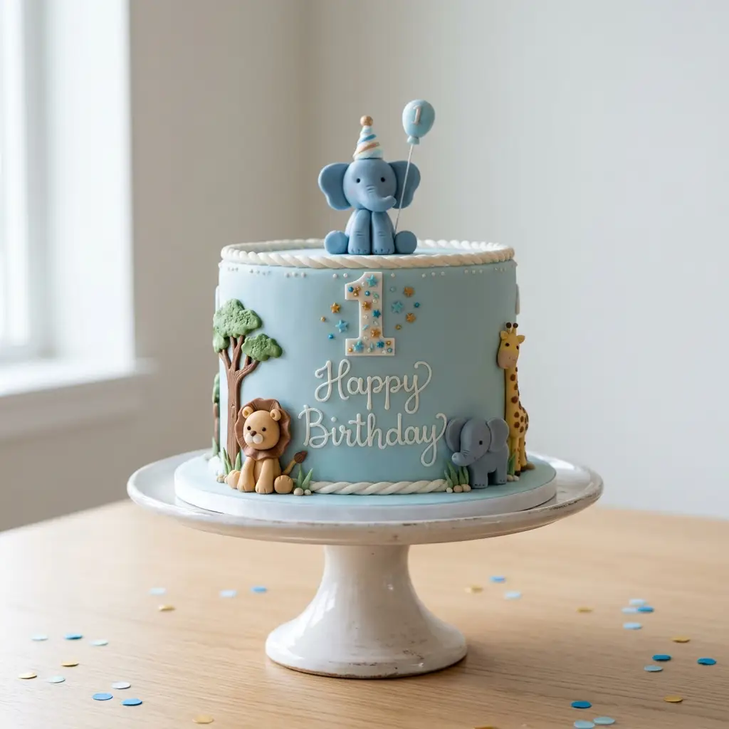 Baby Safari Single Tier Cake - Birthday Cake Ideas For 1 Year Old Boys