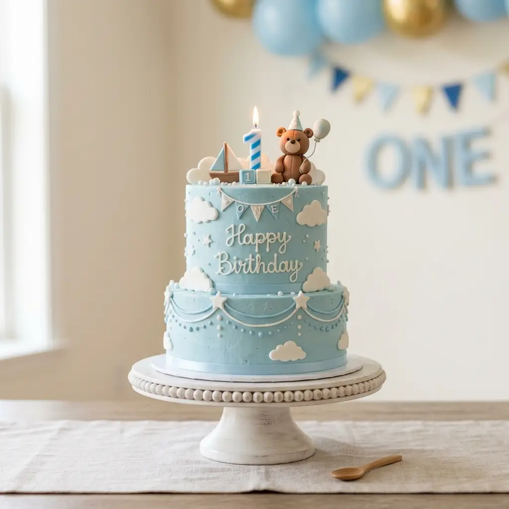 Vintage Blue Teddy Cake - Birthday Cake Ideas For 1 Year Old Boys