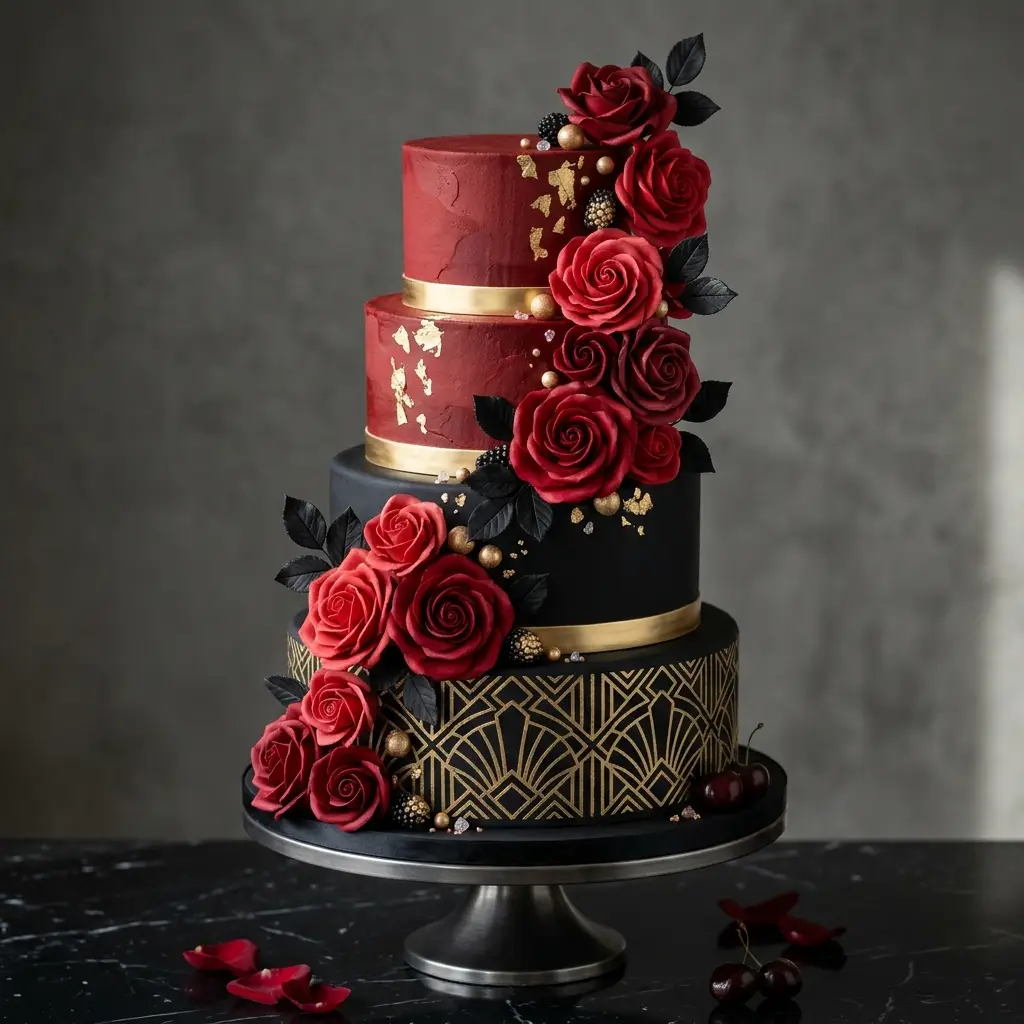 Art Deco Black and Red Roses - Wedding Cake Ideas