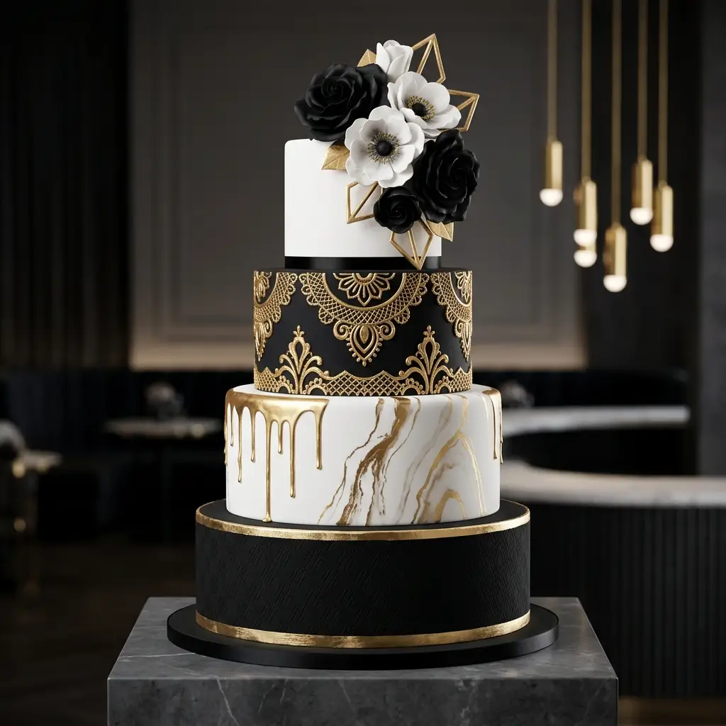 Black and Gold Baroque Marble Drip - Wedding Cake Ideas