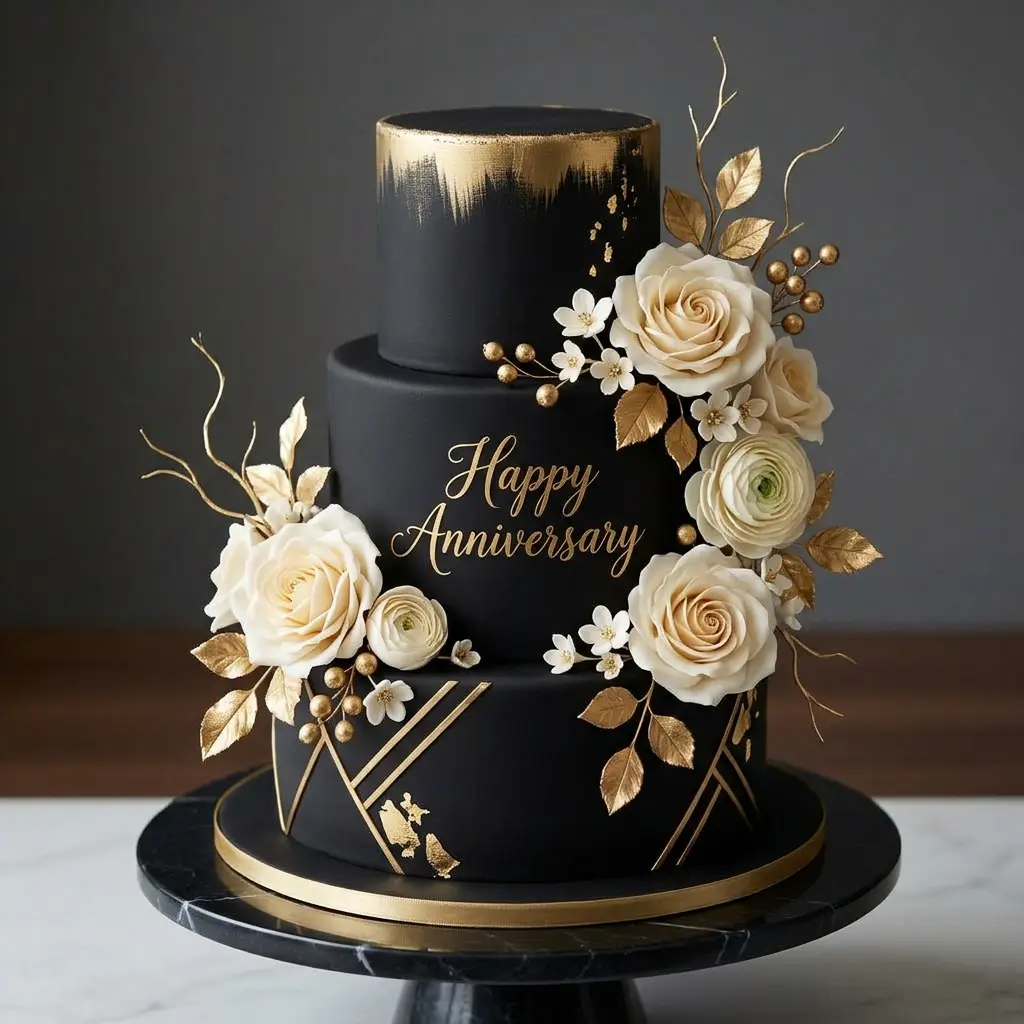 Black and Gold Brushstroke Cake - Wedding Anniversary Cake Ideas