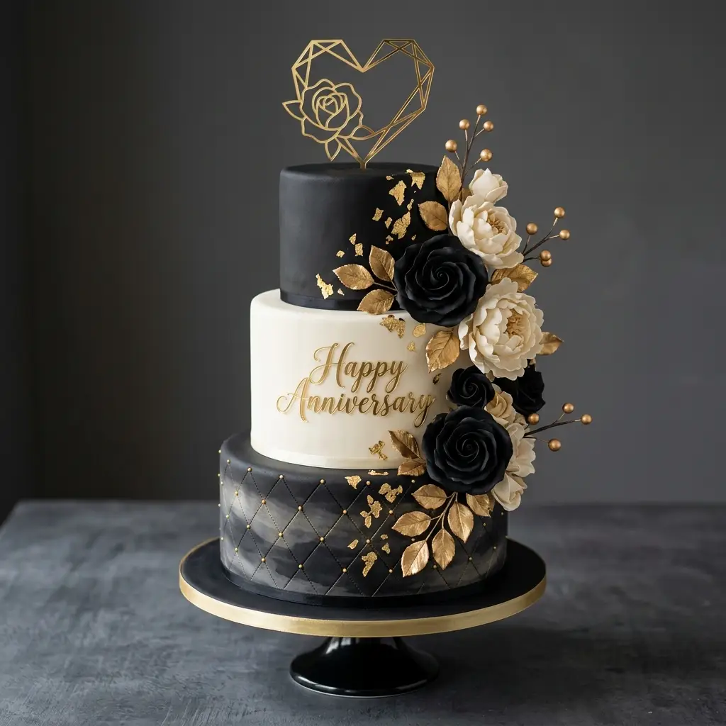 Black and Gold Heart Topper Cake - Wedding Anniversary Cake Ideas