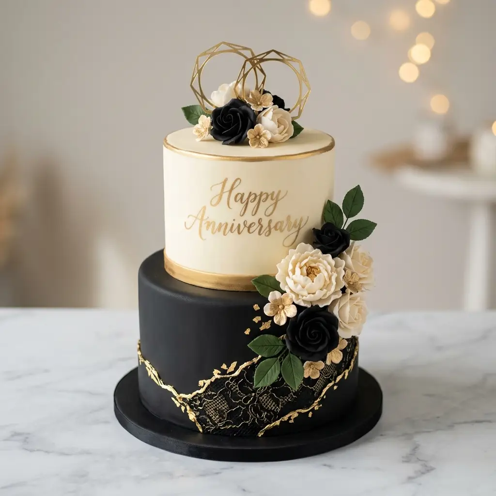 Black and Gold Ring Topper Cake - Wedding Anniversary Cake Ideas
