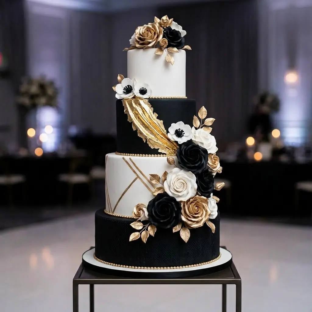 Black, White and Gold Cascading Roses - Wedding Cake Ideas