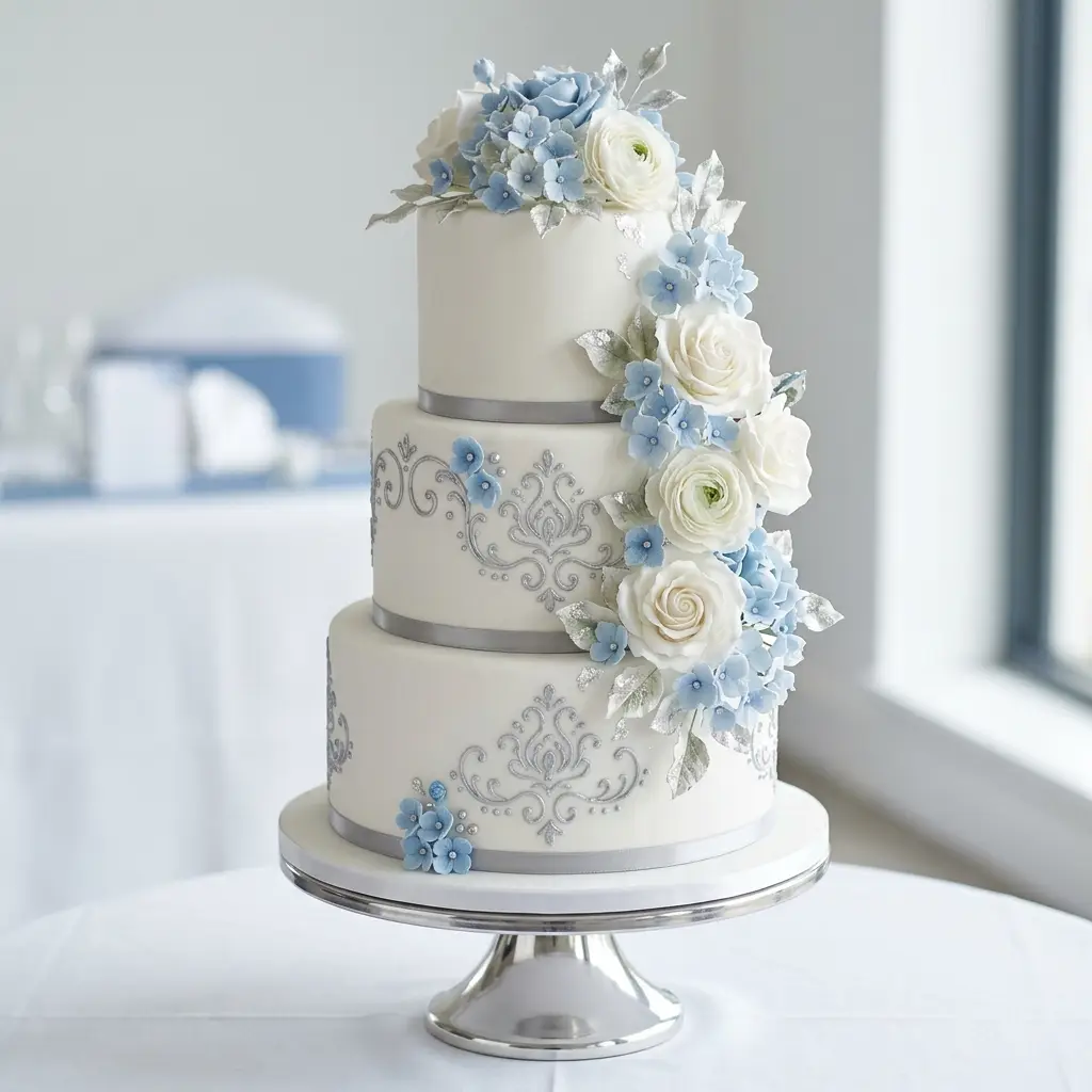 Blue and White with Silver Damask - Wedding Cake Ideas