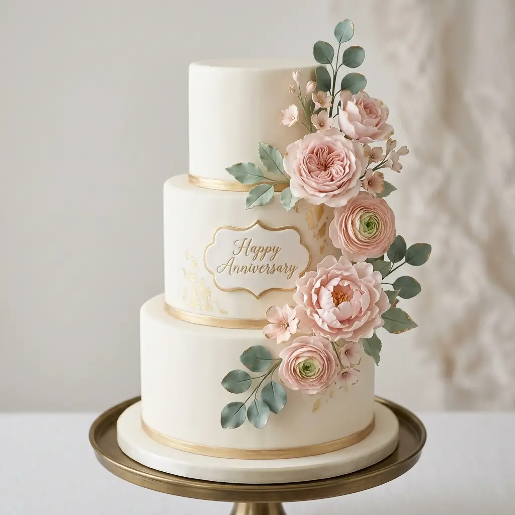 Blush Peony Gold Plaque Cake - Wedding Anniversary Cake Ideas