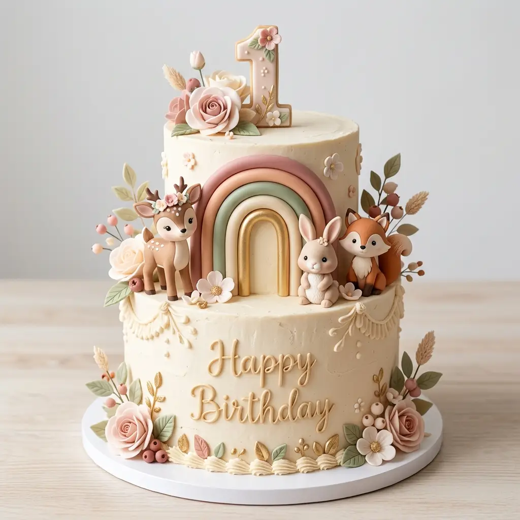 Boho Rainbow Woodland Cake - Birthday Cake Ideas For 1 Year Old Girls