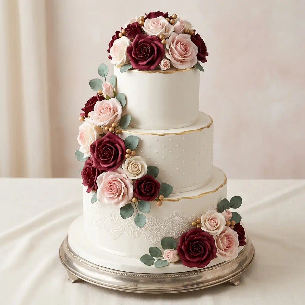 Burgundy and Blush Rose Trim - Wedding Cake Ideas