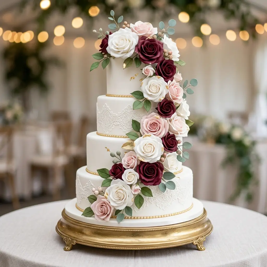 Burgundy, Blush and White Cascade - Wedding Cake Ideas