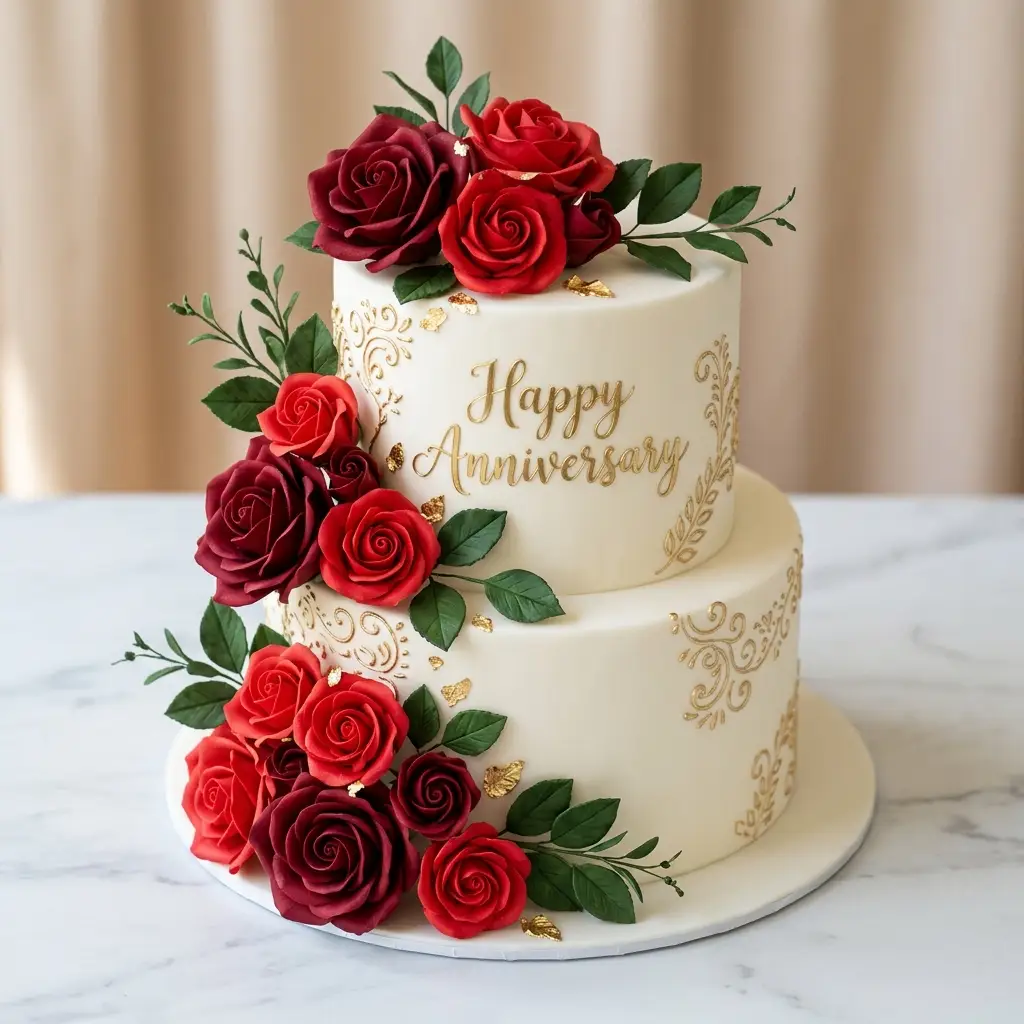 Burgundy Rose and Gold Filigree Cake - Wedding Anniversary Cake Ideas
