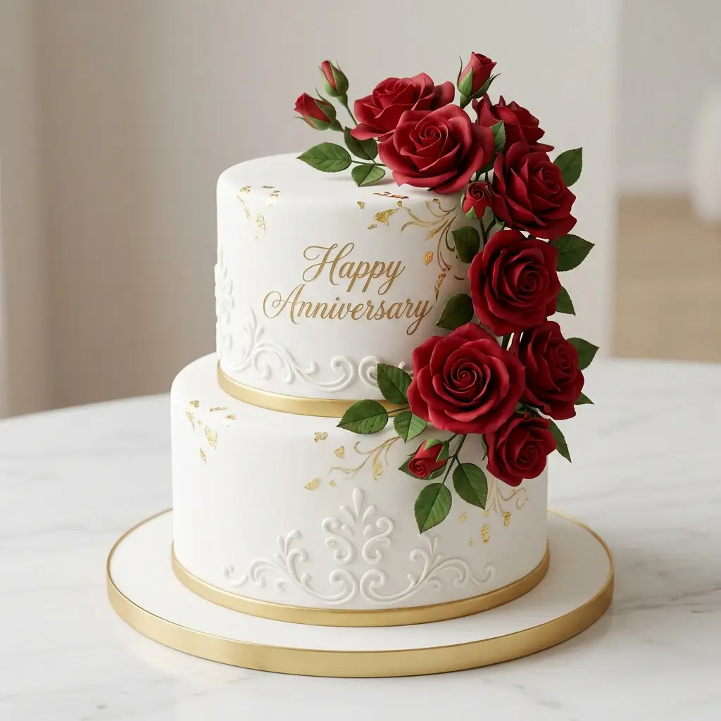 Classic Red Rose Gold Cake - Wedding Anniversary Cake Ideas