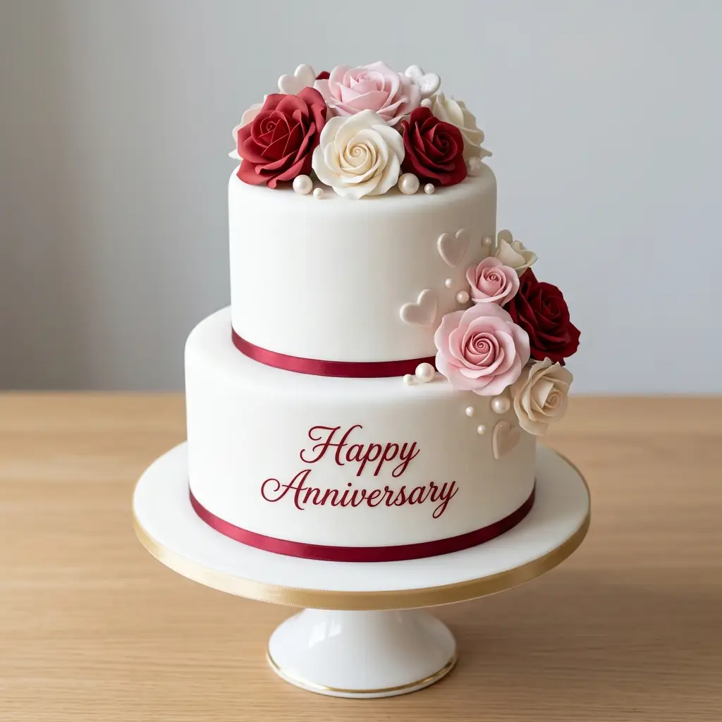 Classic Red Rose Ribbon Cake - Wedding Anniversary Cake Ideas