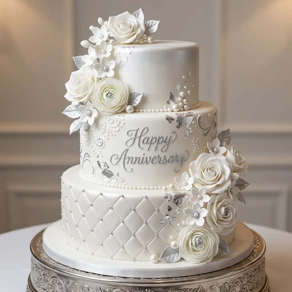 Classic White Pearl and Silver Cake - Wedding Anniversary Cake Ideas