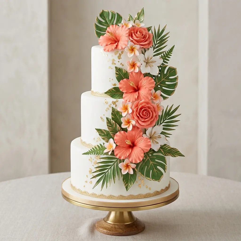 Coral Hibiscus Tropical Paradise - Wedding Cake Ideas